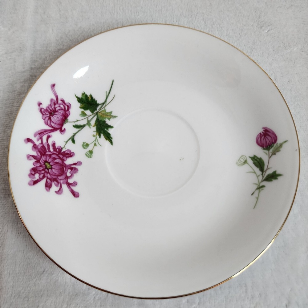 Vintage Chinese Porcelain Saucer‎ Pink Chrysanthemum Floral Gold Rim